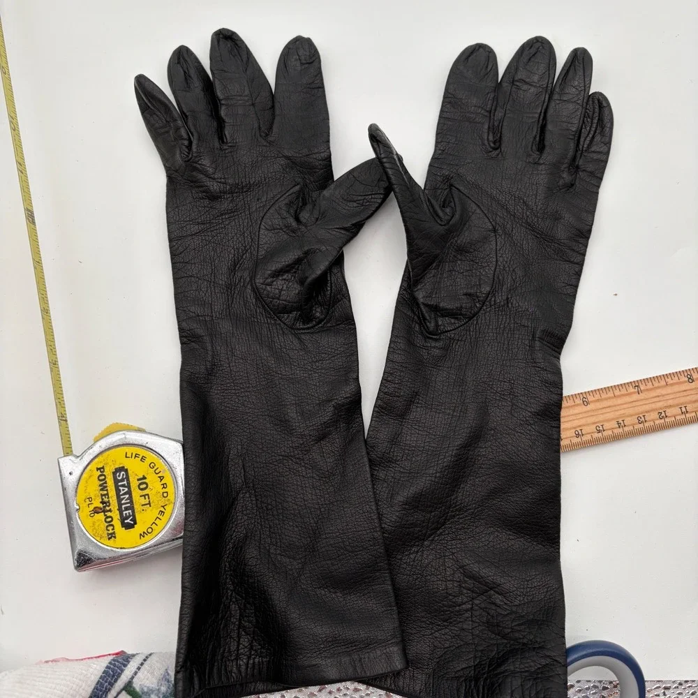 Vintage Gimbels Black Leather Opera Length Gloves Made in Italy Size 7 Blue Line